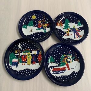 VTG Lillian Vernon Snow Scene LV25 on Blue Background, Holiday Plates, Set of 4